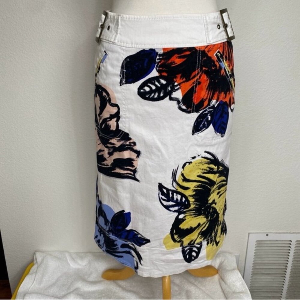 Anthropologie Maeve White Multicolor Watercolor Floral Belt Denim Skirt Size 4 - Picture 3 of 16
